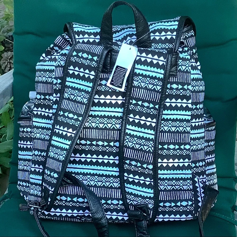 Backpack Mint Green Print Black Trim Side Pockets Drawstring Top New